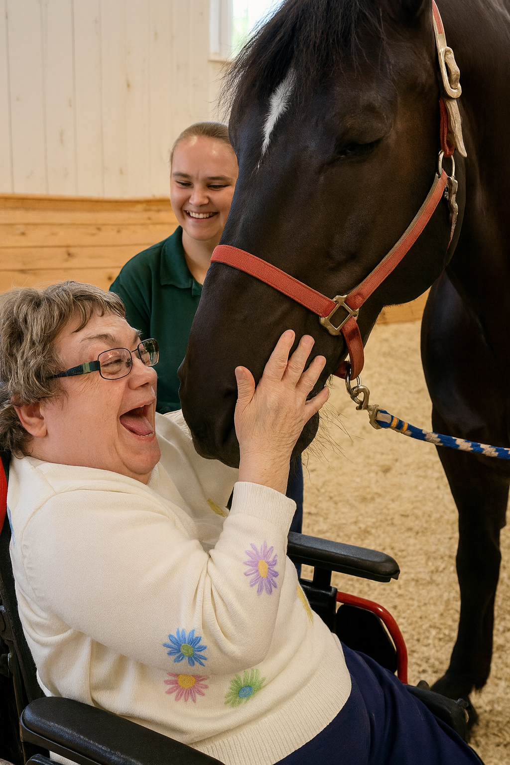 A person in a wheelchair and a support worker sharing a joyful moment in a barn