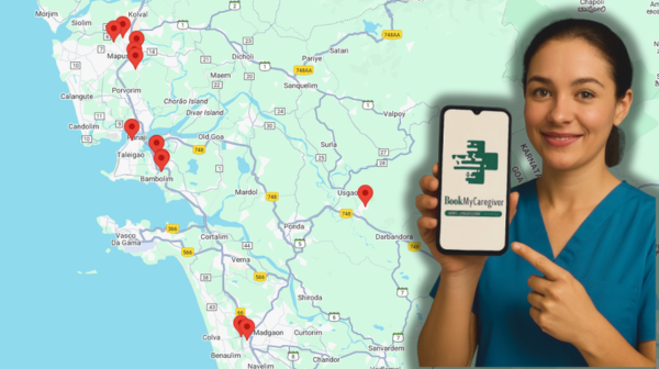 Map of Goa with several location pins indicating caregiver availability