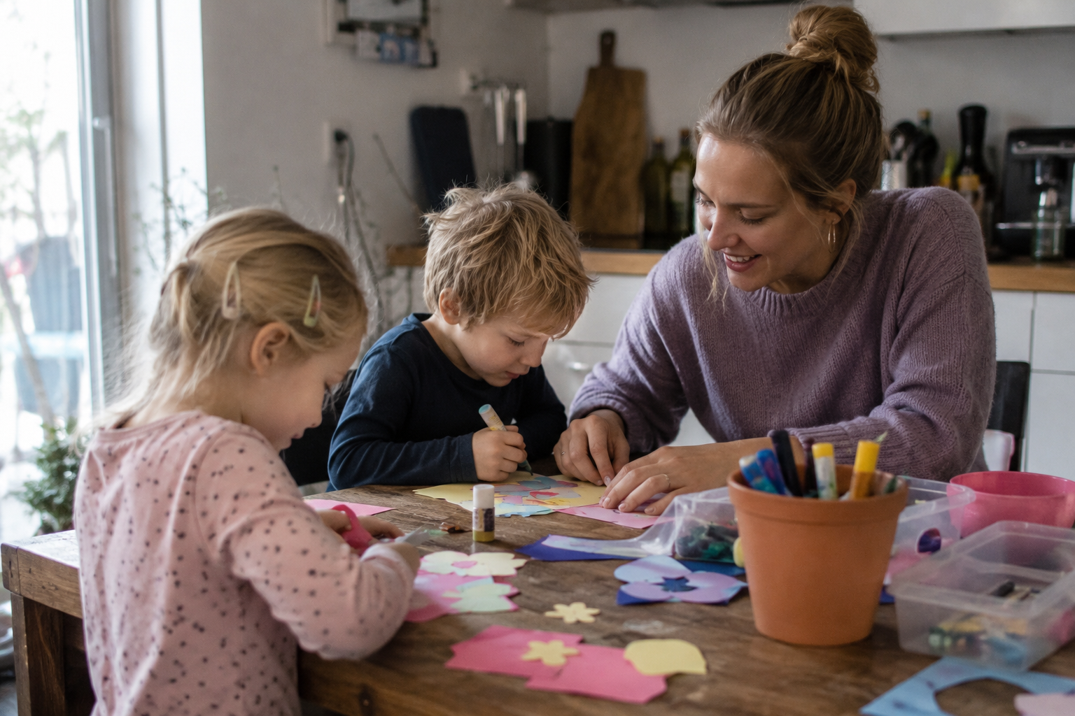 Oppas organiseert creatieve activiteiten met kinderen.