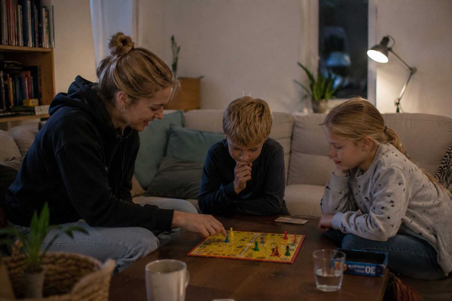 Babysitter houdt toezicht op kinderen tijdens avondopvang aan huis.