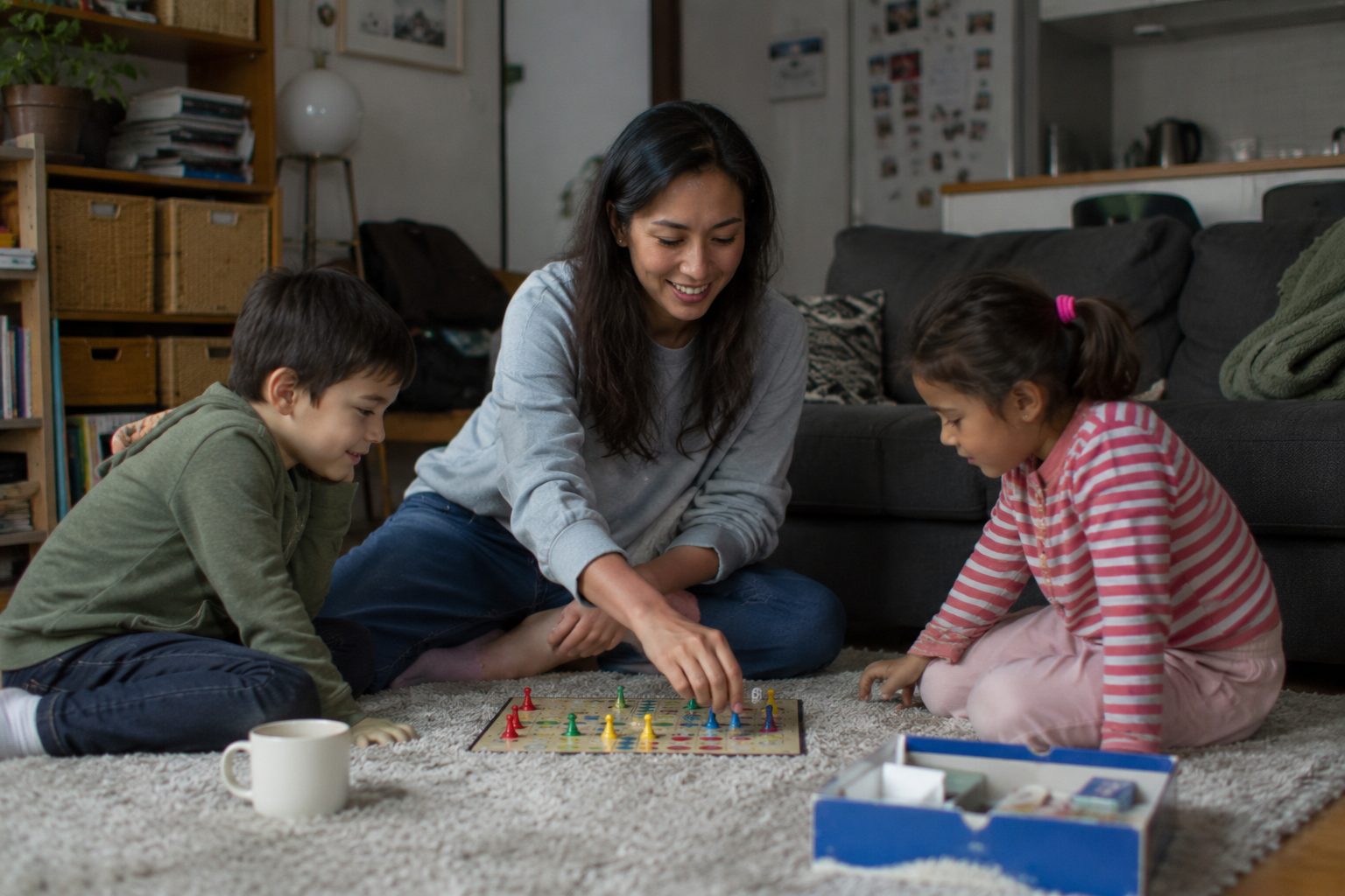 Oppas speelt een spelletje met twee kinderen in woonkamer