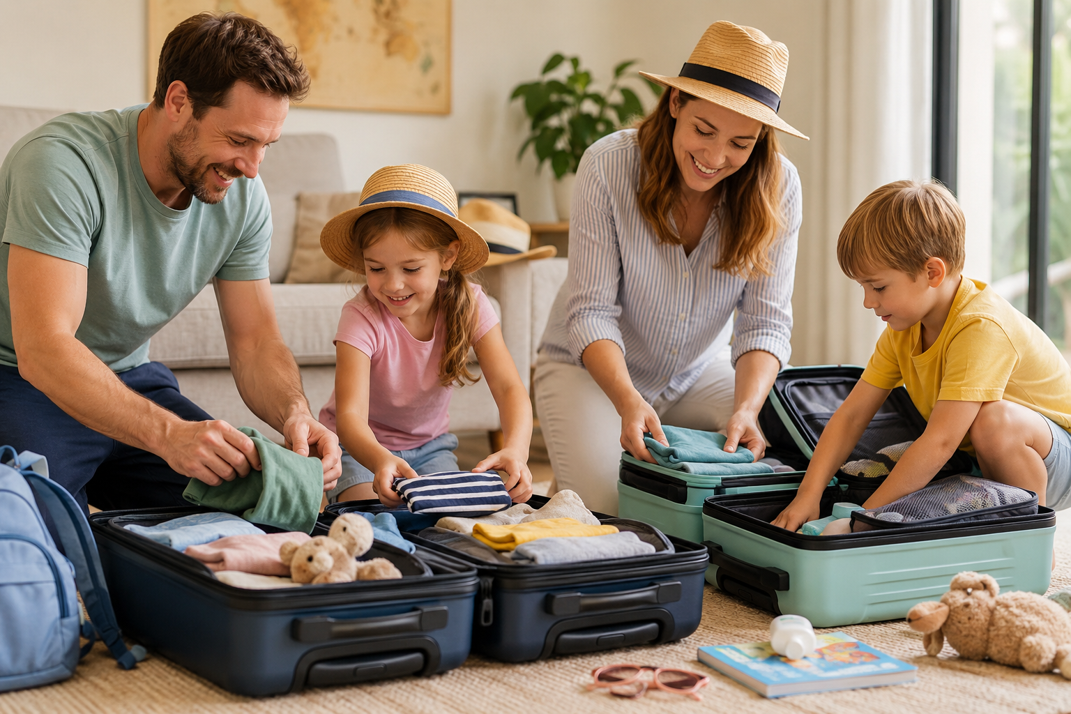 Family packing suitcases together before a holiday