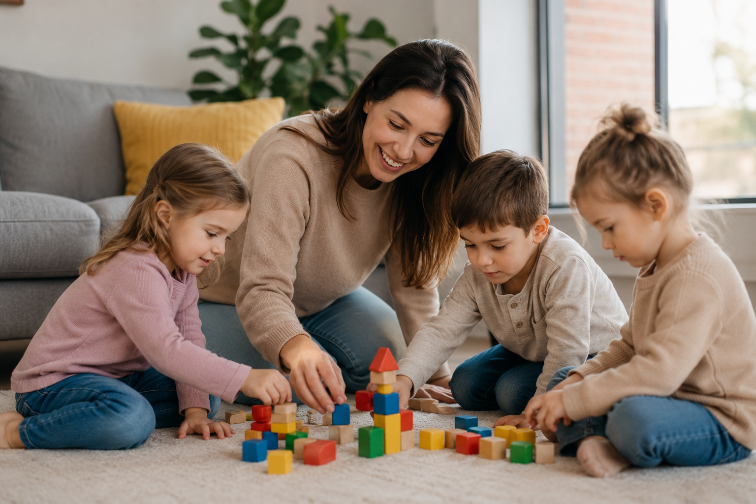 Oppas organiseert creatieve activiteiten met kinderen.