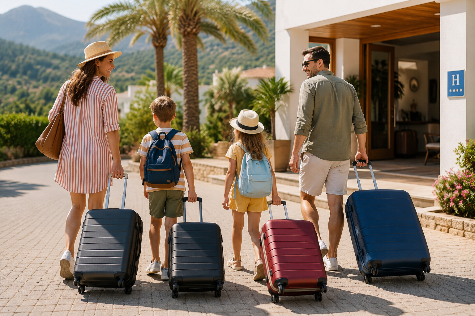 Parents and children arriving at a holiday destination with suitcases