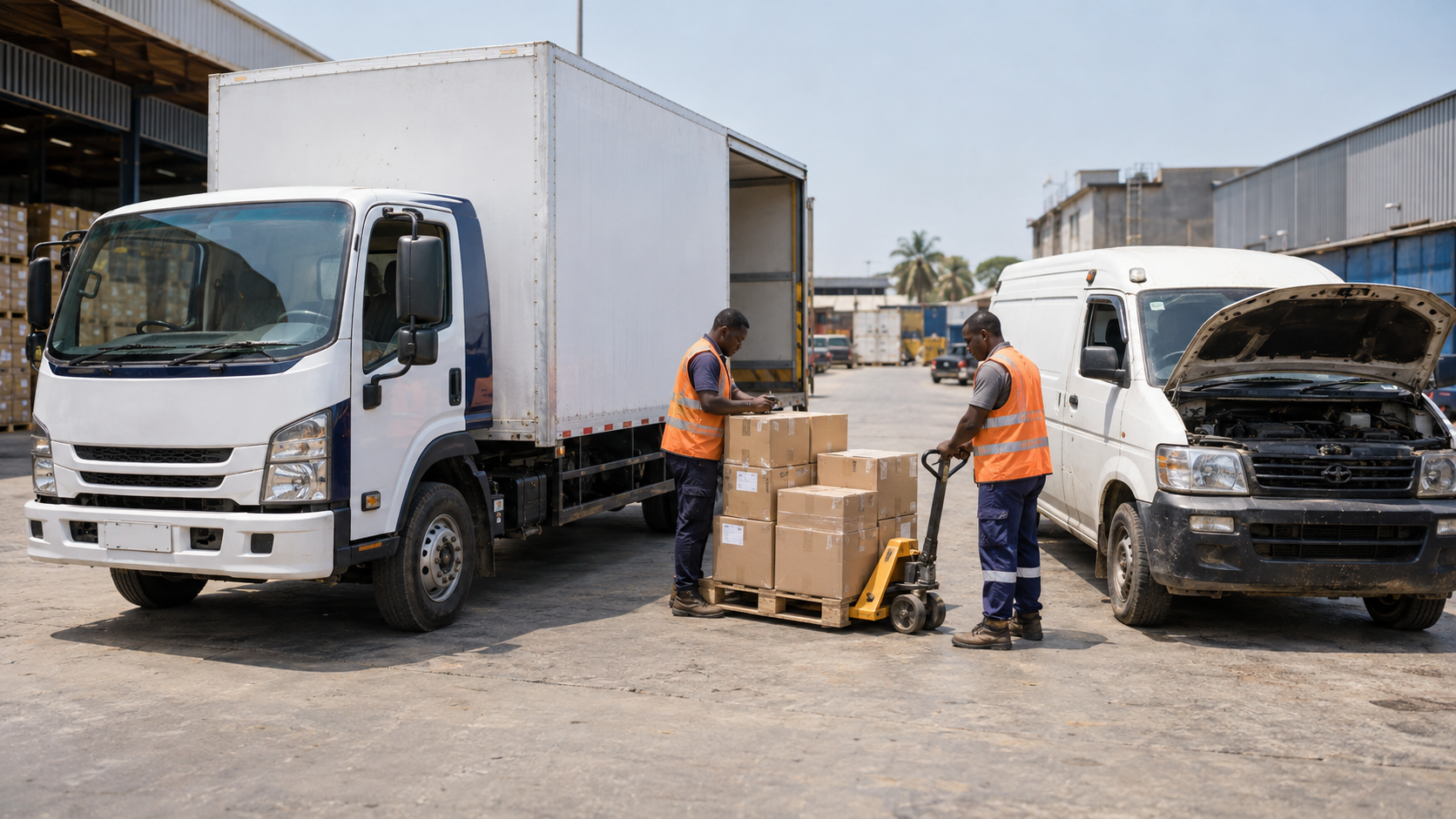 Two logistics workers check cartons beside a replacement box truck and a delivery van with its bonnet raised in a Ghanaian warehouse yard.