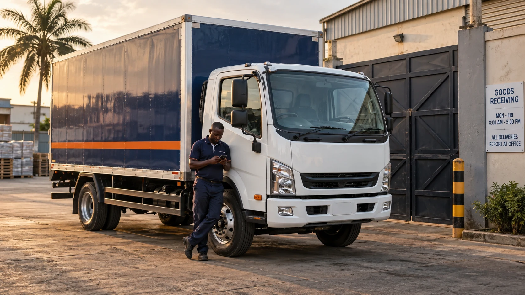 A clean navy-and-orange delivery truck waiting outside a Ghanaian warehouse while the driver checks his phone.