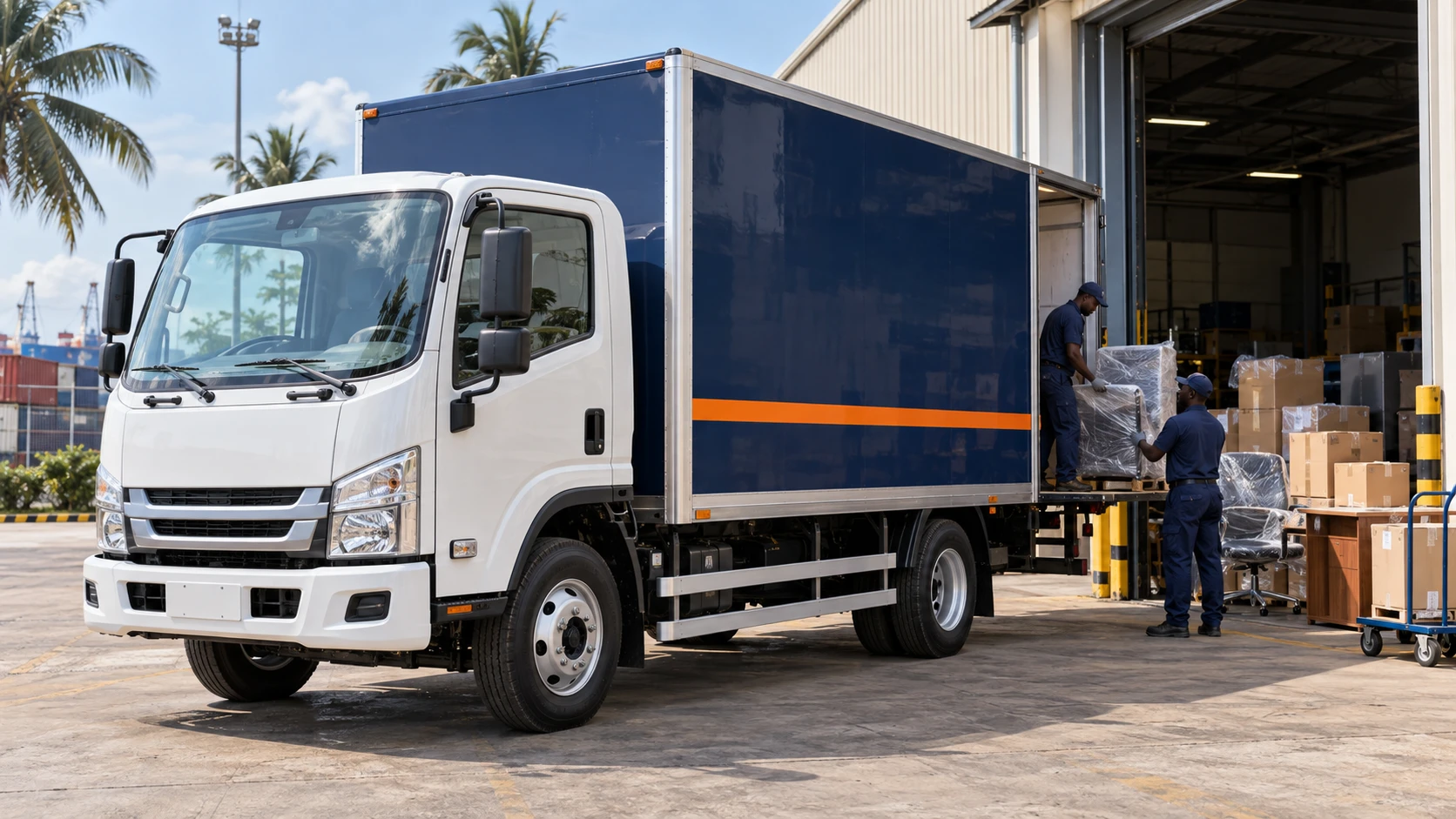 A clean white-cab navy-and-orange box truck collecting wrapped office furniture and cartons at a warehouse in Ghana.