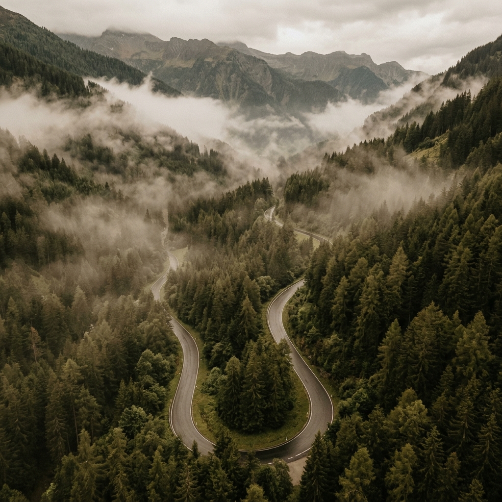 Route forestière dans la brume
