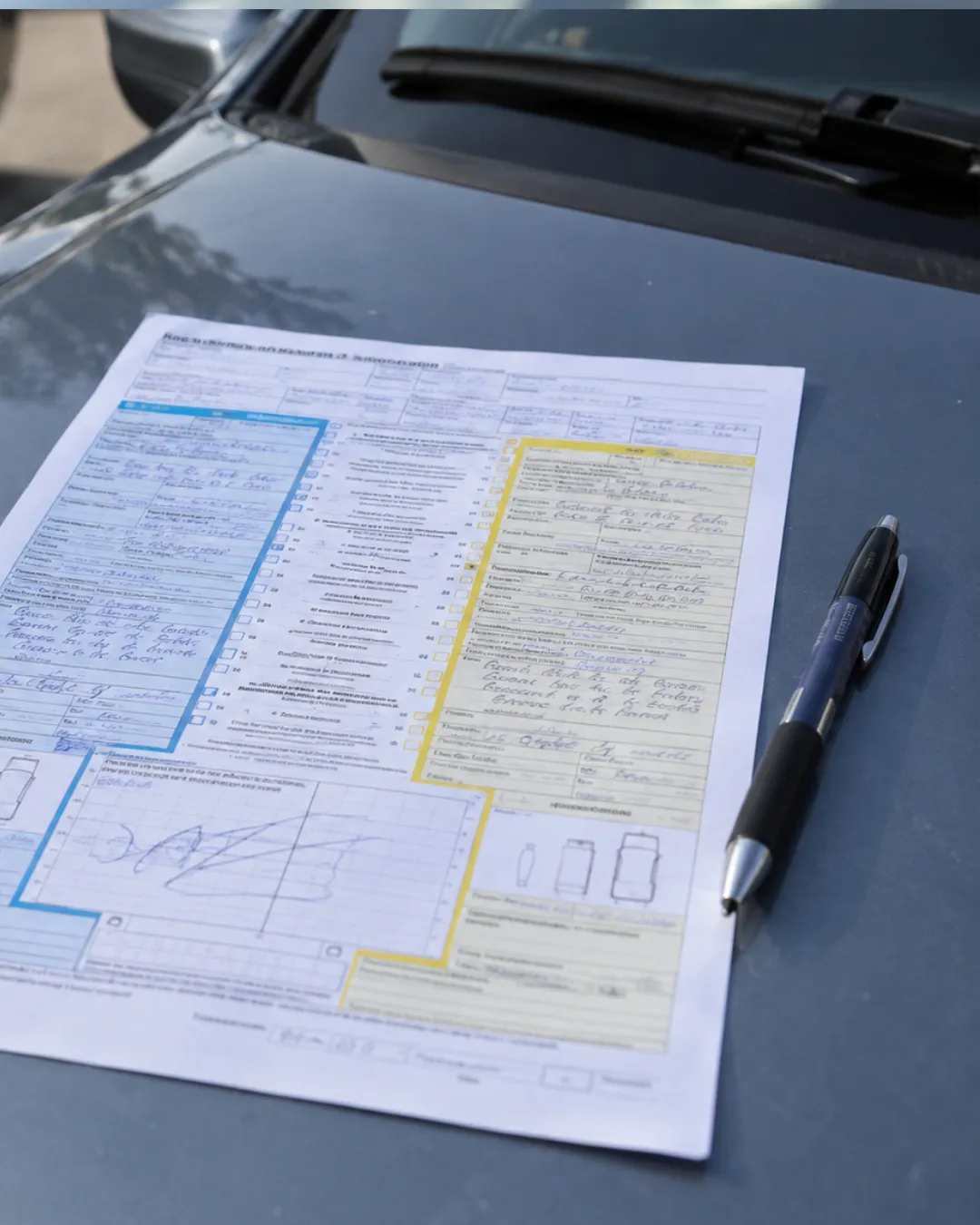 Modulo compilato a mano con penna sul cofano dell'auto.