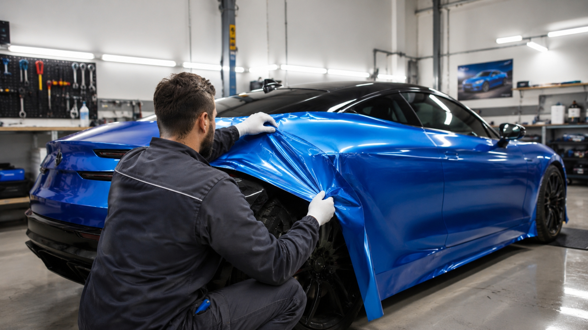 Applicazione professionale di pellicola blu su carrozzeria auto.