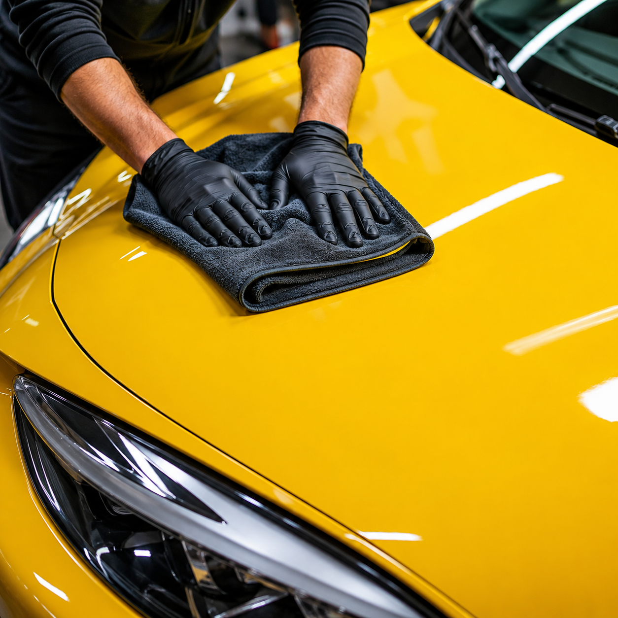 Lucidando alla perfezione: mani guantate su un'auto gialla brillante.