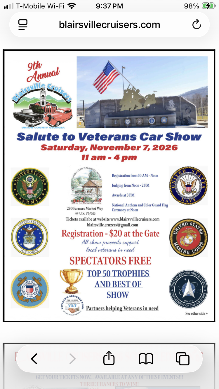 Flyer for 9th Annual Blairsville Cruisers Salute to Veterans Car Show