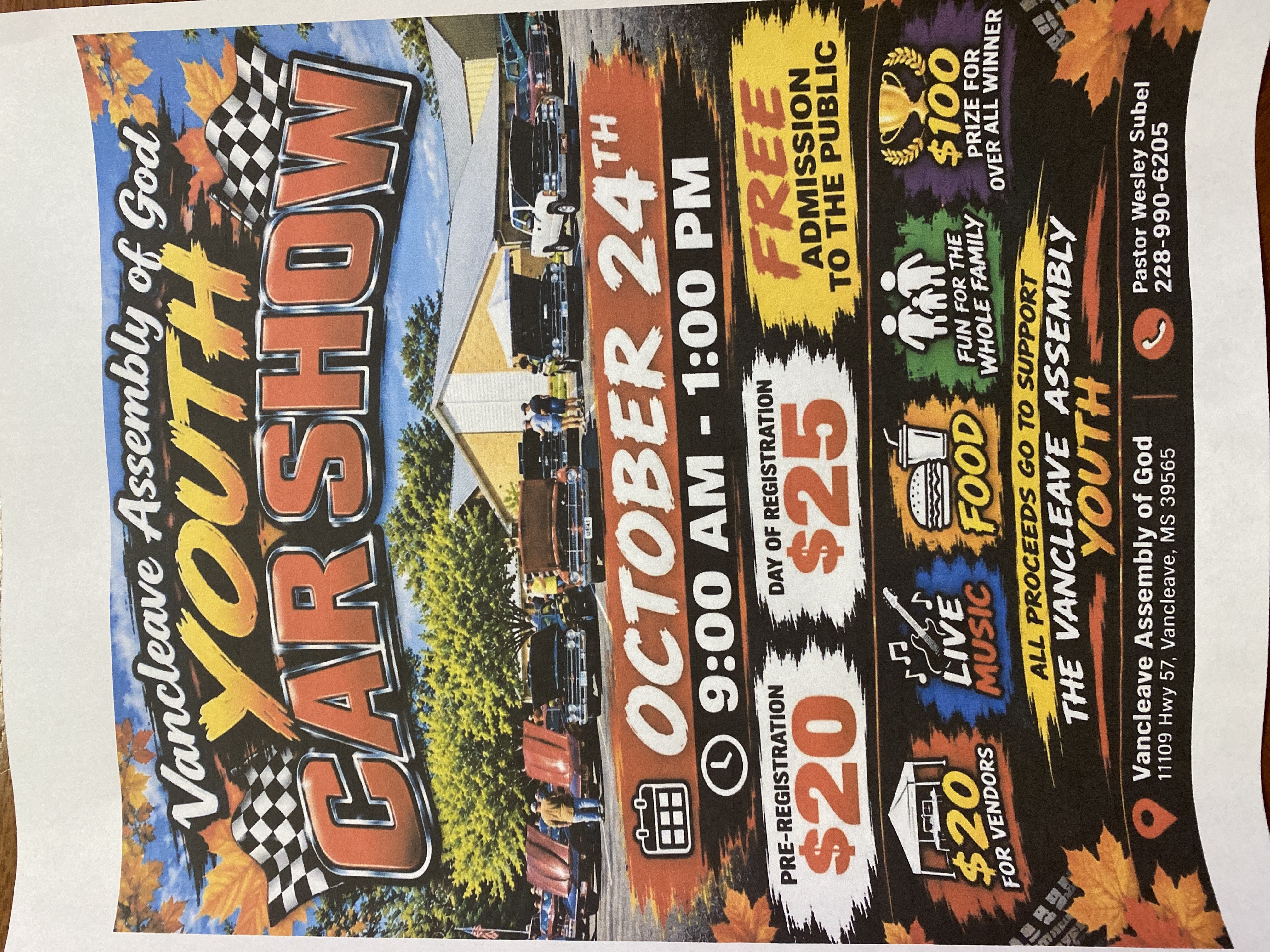 Flyer for Vancleave Assembly Youth Car Show