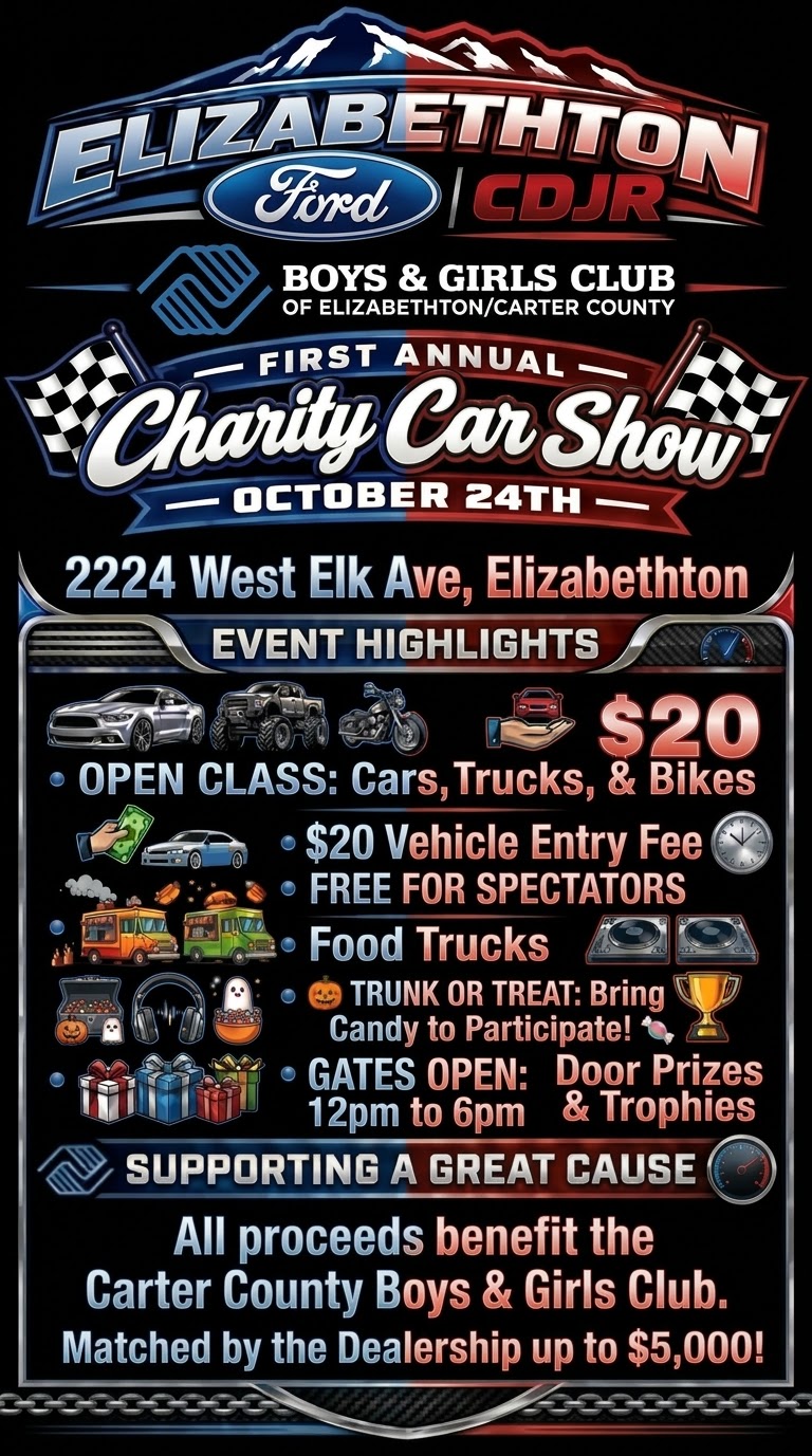 Flyer for Elizabethton Ford CDJR Boys & Girls Club First Annual Charity Car Show