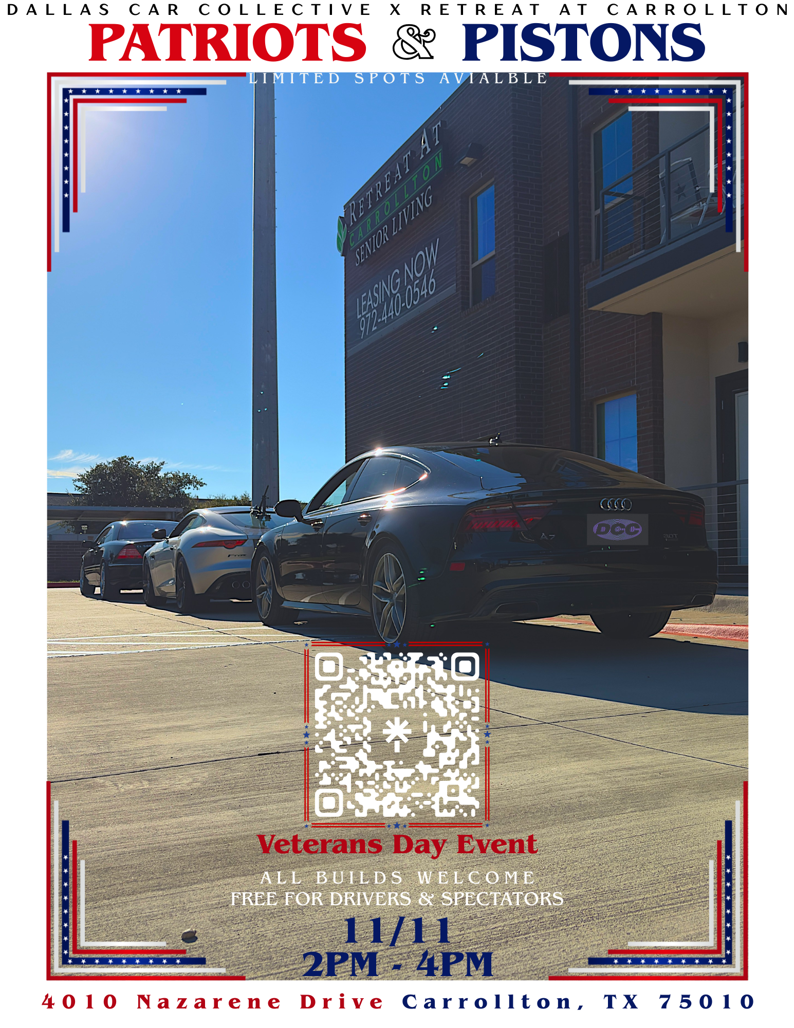 Flyer for Patriots & Pistons | 11/11 | Dallas Car Collective x Retreat at Carrollton