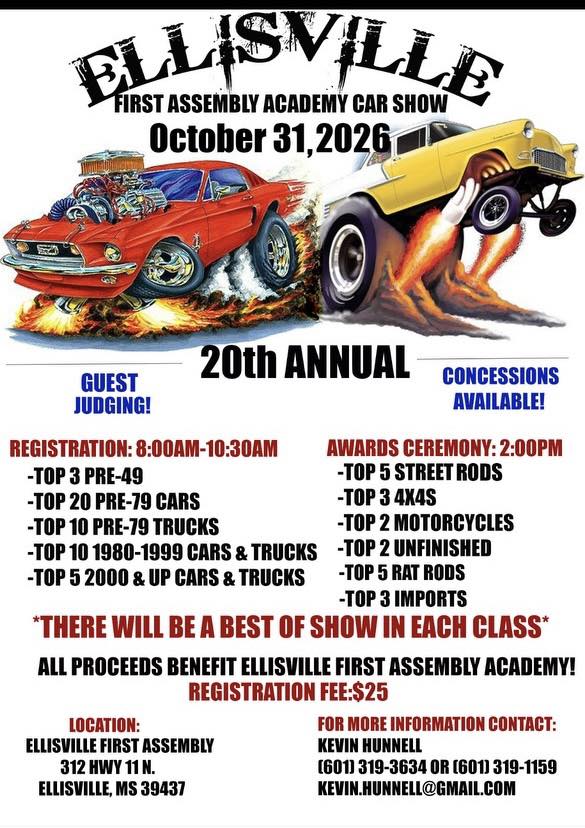 Flyer for Ellisville First Assembly Academy Car Show - 20th Annual
