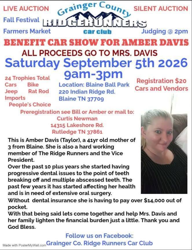 Benefit Car Show for Amber Davis - Grainger County Ridge Runners Car Club flyer