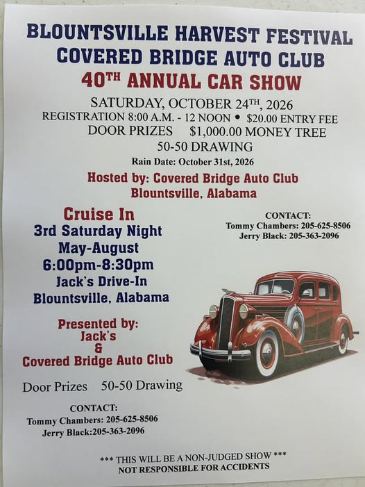 Flyer for Blountsville Harvest Festival Covered Bridge Auto Club 40th Annual Car Show