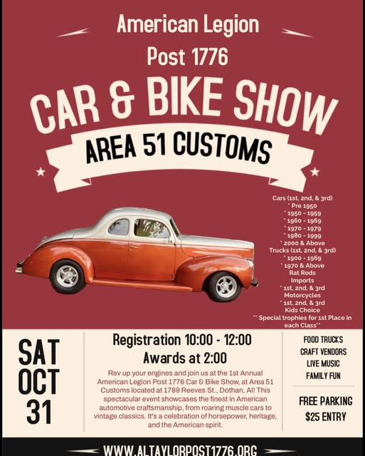 Flyer for American Legion Post 1776 Car & Bike Show Area 51 Customs