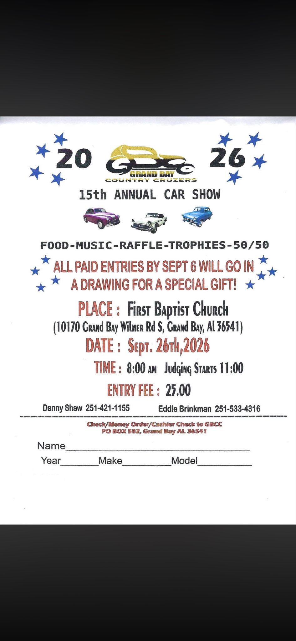 Grand Bay Country Cruizers 15th Annual Car Show flyer