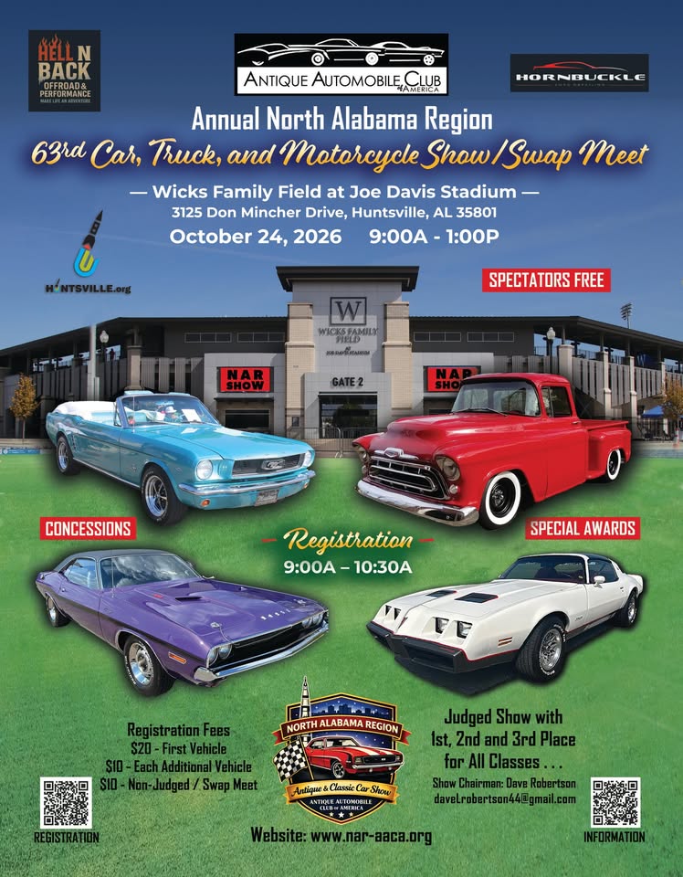 Flyer for 63rd Annual North Alabama Region Car, Truck, and Motorcycle Show/Swap Meet