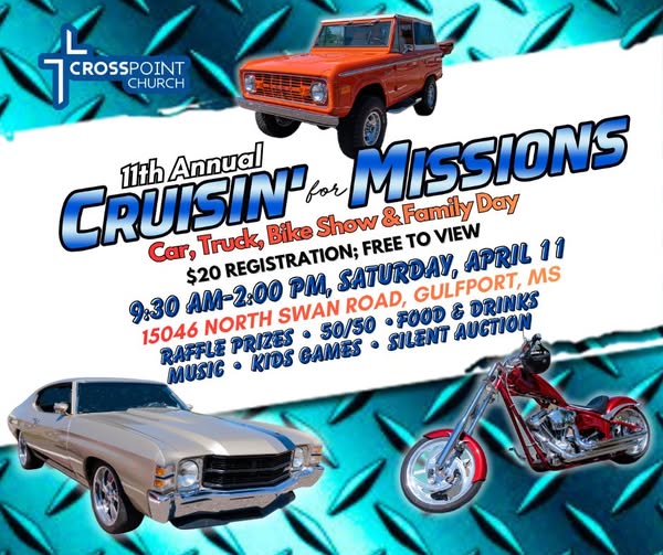 Flyer for 11th Annual Cruisin' for Missions Car, Truck, Bike Show & Family Day