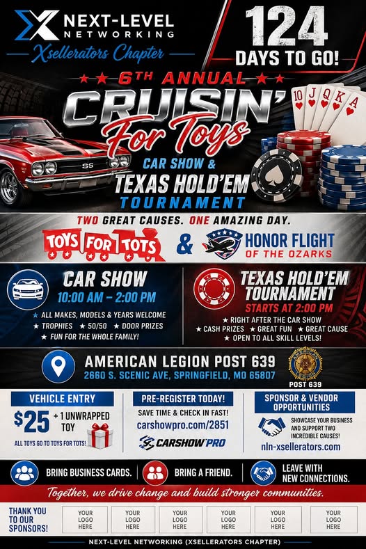 Flyer for 6th Annual Cruisin' For Toys Car Show & Texas Hold'em Tournament