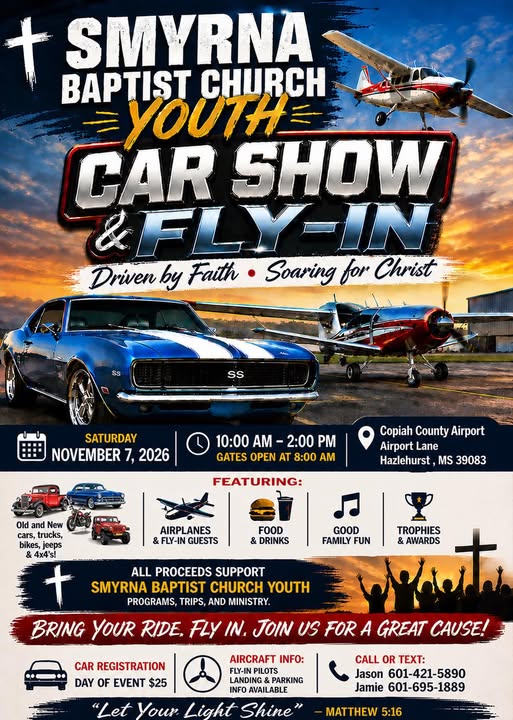Flyer for Smyrna Baptist Church Youth Car Show & Fly-In