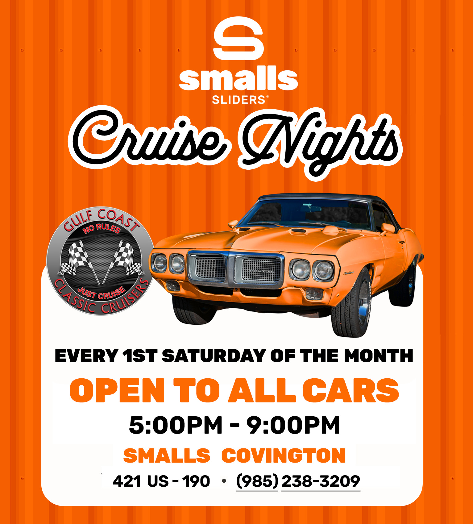 Flyer for Smalls Sliders Cruise Nights