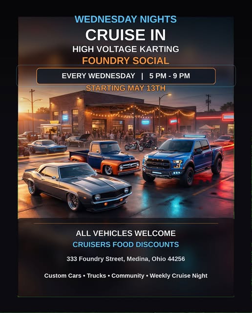 Flyer for Wednesday Nights Cruise In at High Voltage Karting Foundry Social