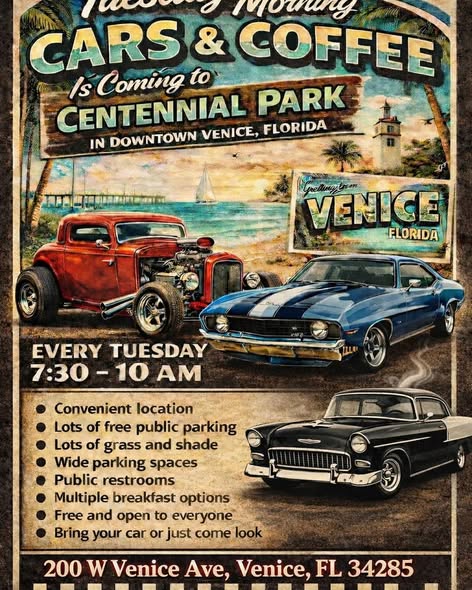 Flyer for Tuesday Morning Cars & Coffee at Centennial Park