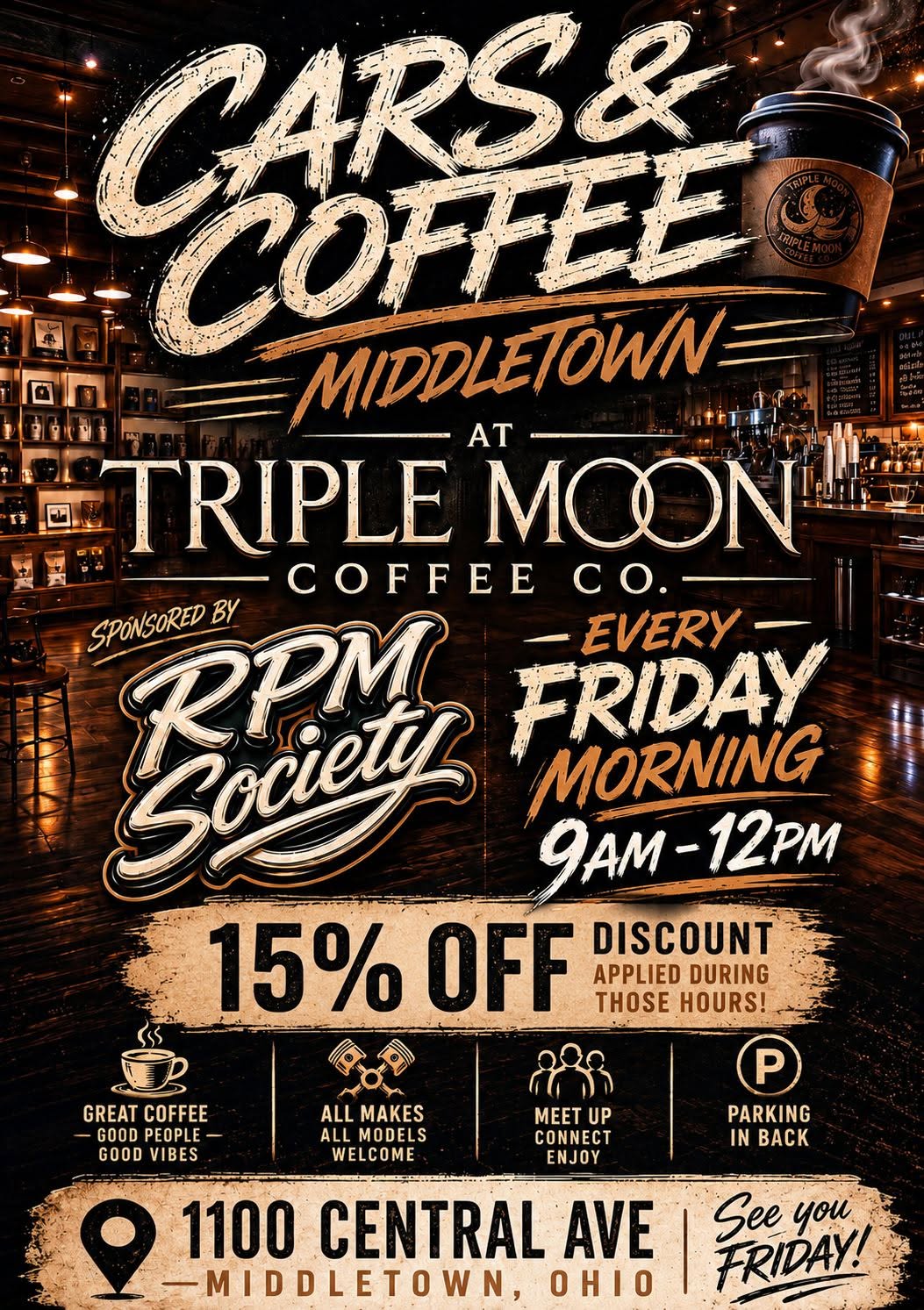 Flyer for Cars & Coffee Middletown at Triple Moon Coffee Co.