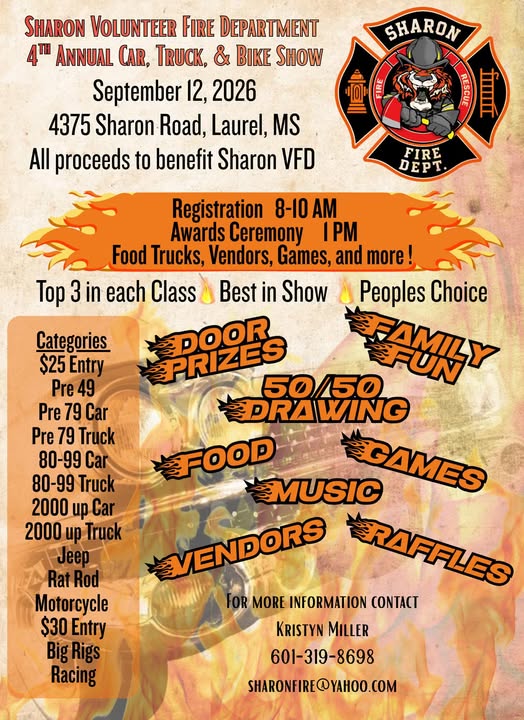 Sharon Volunteer Fire Department 4th Annual Car, Truck, & Bike Show flyer