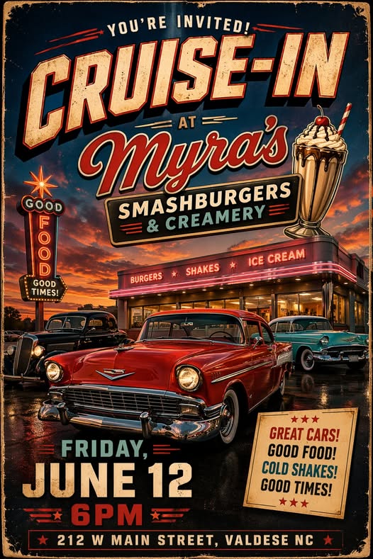 Flyer for Cruise-In at Myra's Smashburgers & Creamery