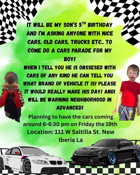 Son's 5th Birthday Cars Parade flyer