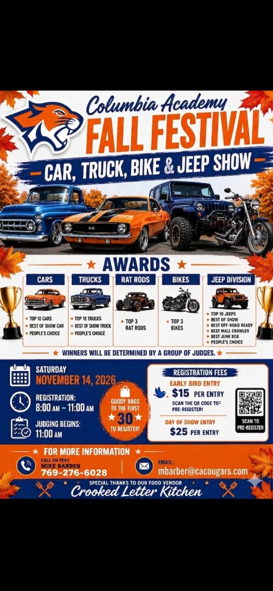 Flyer for Columbia Academy Fall Festival Car, Truck, Bike & Jeep Show