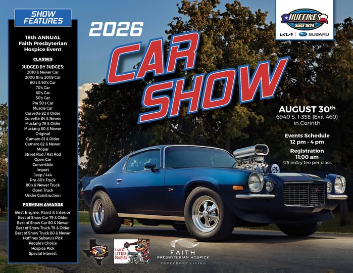 2026 Car Show - 18th Annual Faith Presbyterian Hospice Event flyer