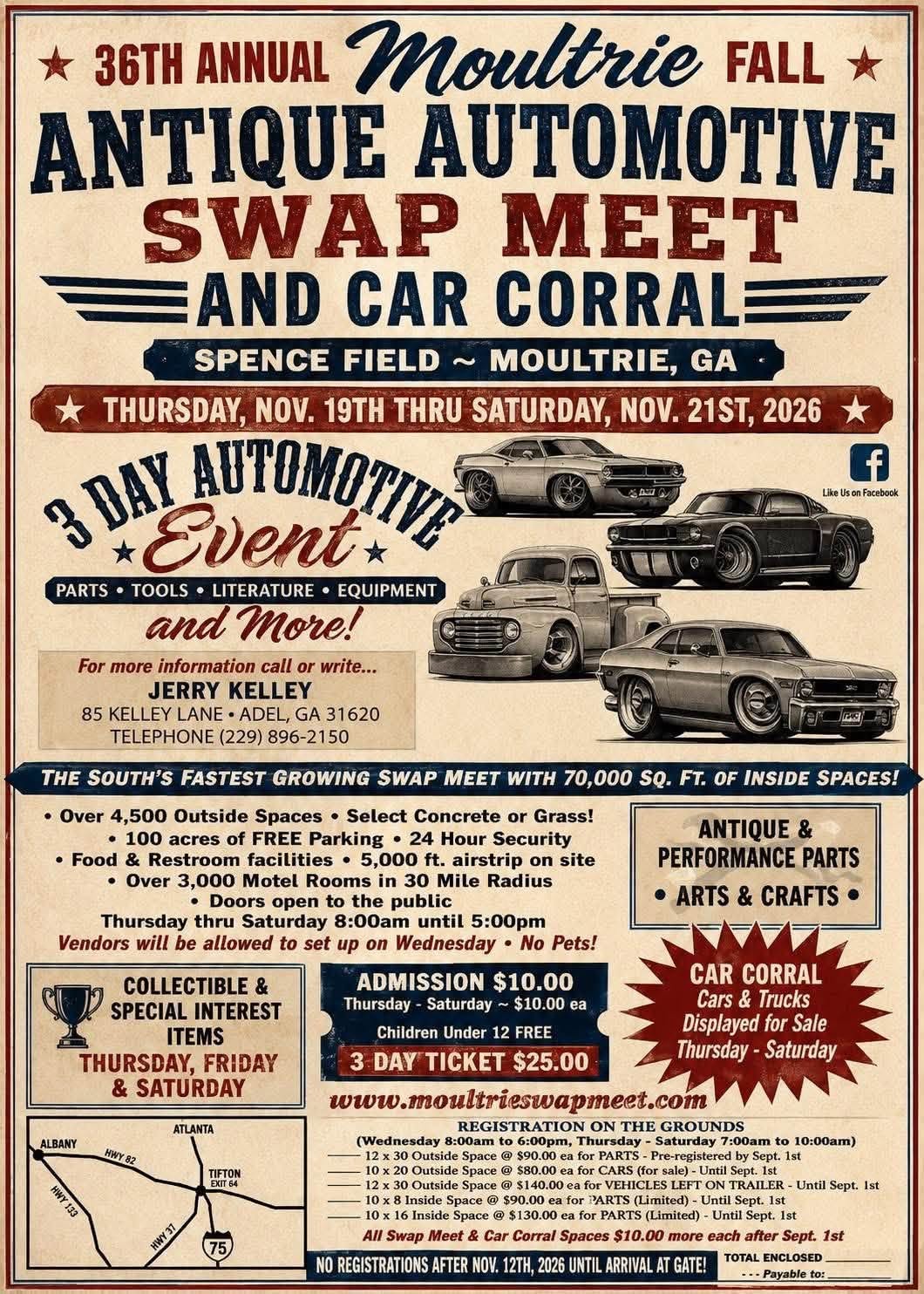 Flyer for 36th Annual Moultrie Fall Antique Automotive Swap Meet and Car Corral