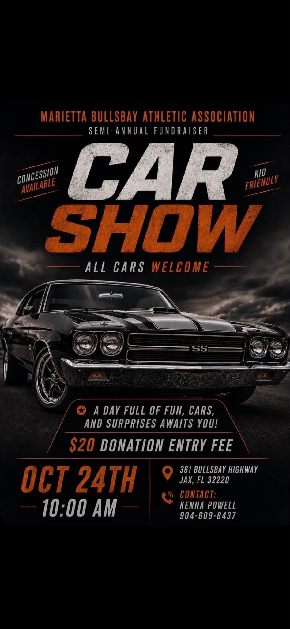 Flyer for Marietta Bullsbay Athletic Association Semi-Annual Car Show