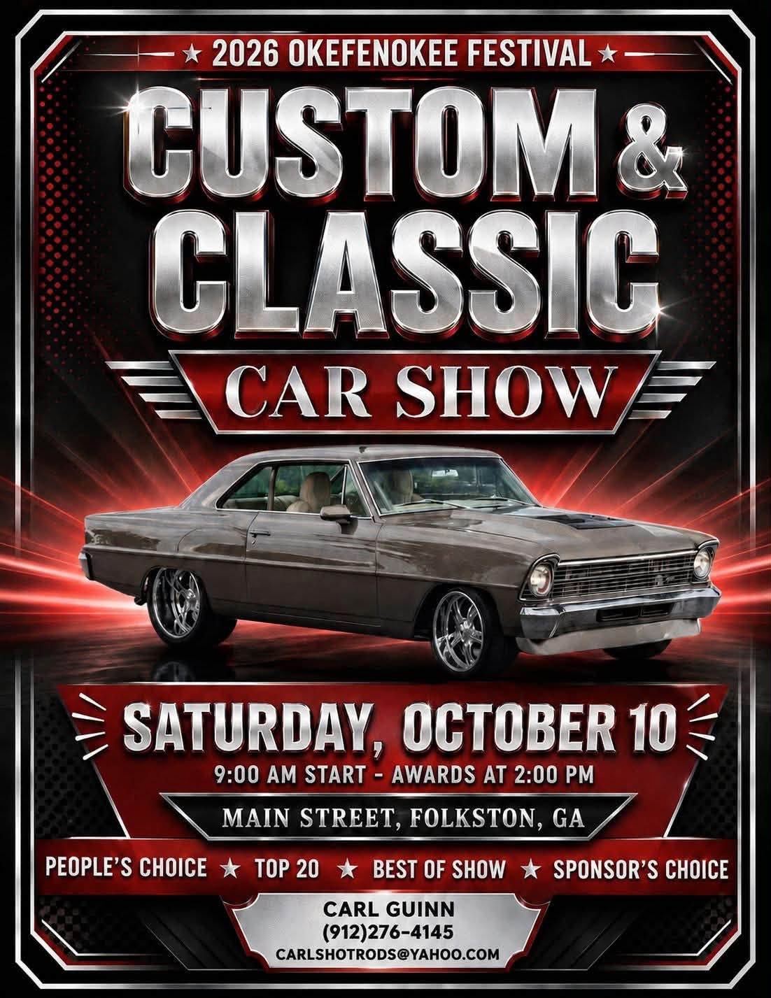 Flyer for 2026 Okefenokee Festival Custom & Classic Car Show