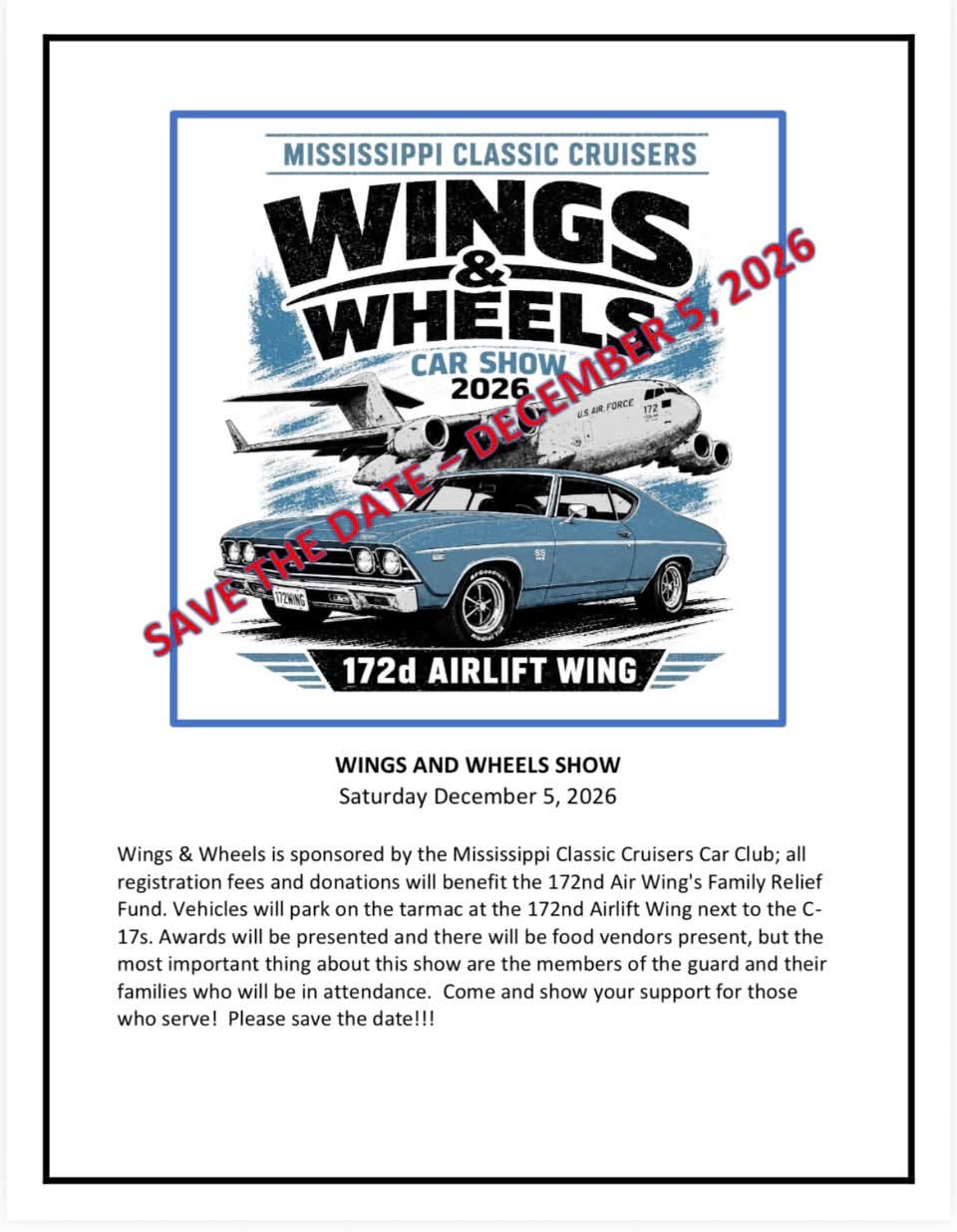 Flyer for Wings and Wheels Car Show 2026