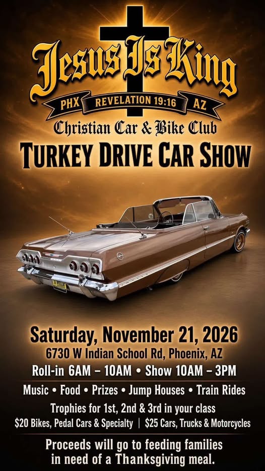 Flyer for Jesus Is King Christian Car & Bike Club Turkey Drive Car Show