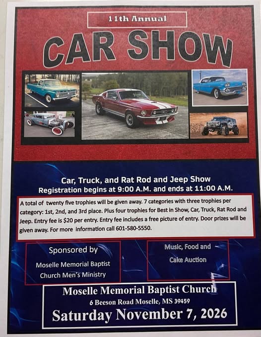 Flyer for 11th Annual Car Show - Car, Truck, and Rat Rod and Jeep Show