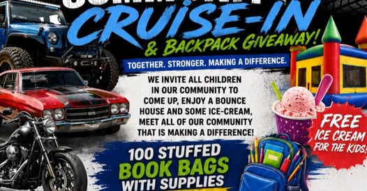 Flyer for Community Cruise-In & Backpack Giveaway