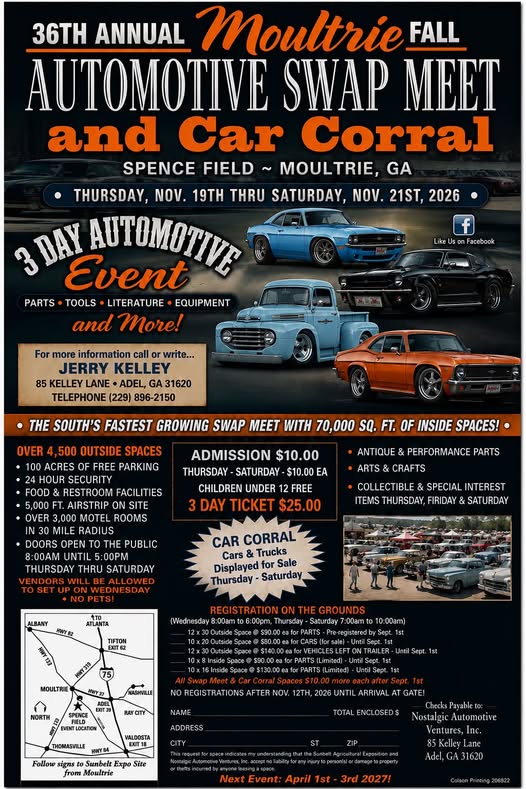 Flyer for 36th Annual Moultrie Fall Automotive Swap Meet and Car Corral