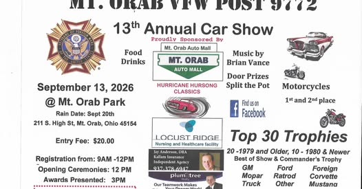 MT. ORAB VFW POST 9772 13th Annual Car Show flyer