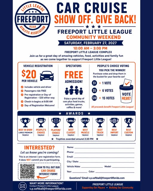 Flyer for Car Cruise Show Off. Give Back! Freeport Little League Community Weekend
