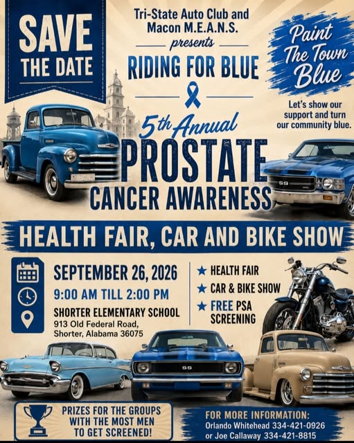 5th Annual Prostate Cancer Awareness Riding for Blue Health Fair, Car and Bike Show flyer