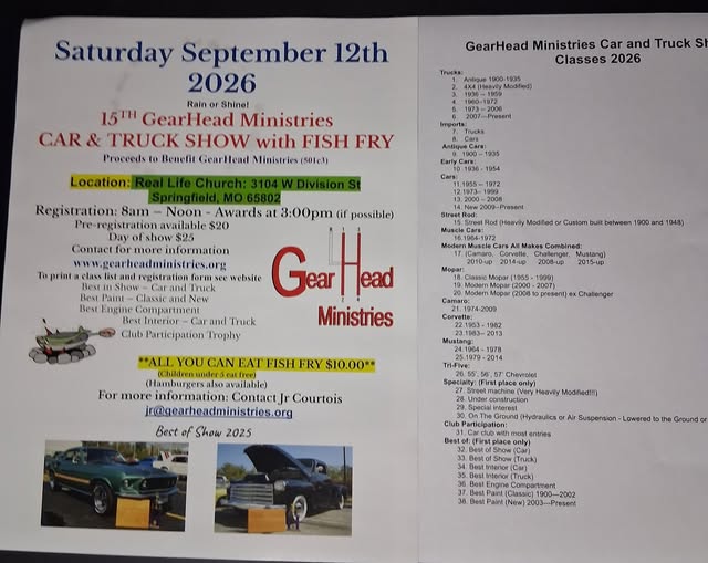 15th GearHead Ministries CAR & TRUCK SHOW with FISH FRY flyer
