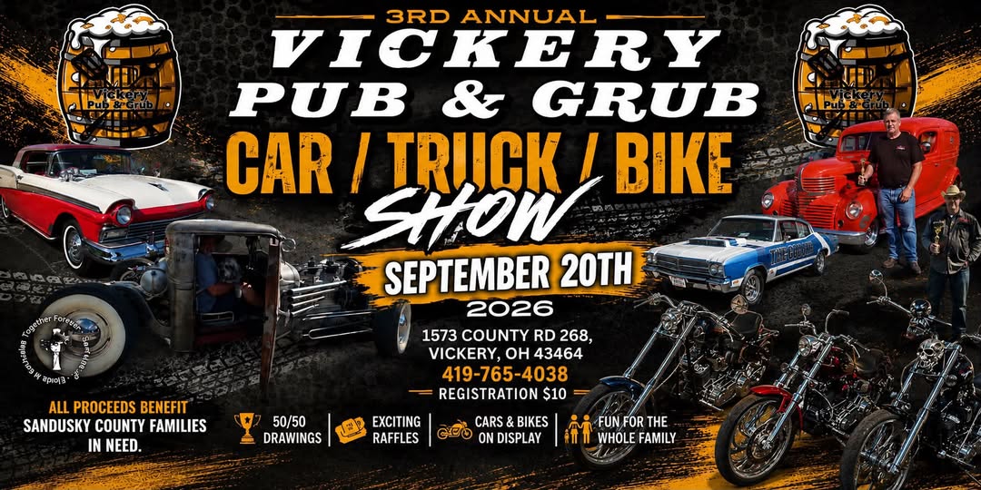 3rd Annual Vickery Pub & Grub Car/Truck/Bike Show flyer